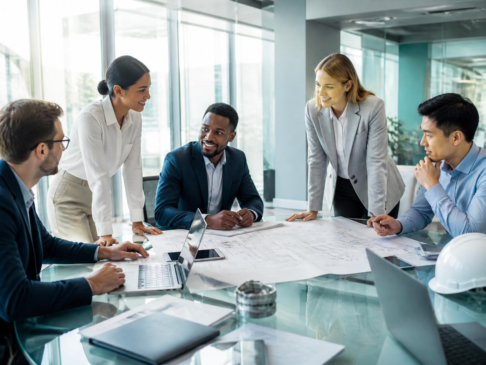 Commercial and technical professionals collaborating in a modern office